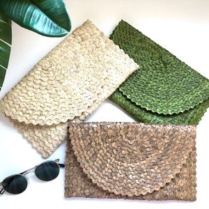 Woven Straw Purse / Raffia Bag - Brown White Green